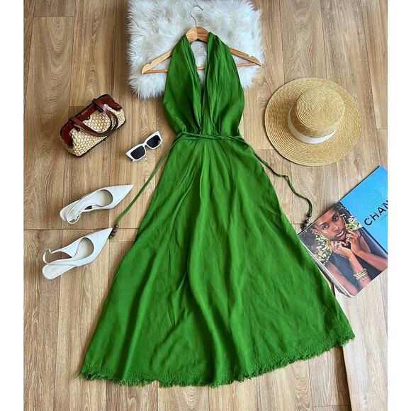 ZARA Blogger Fave Green V-Neck Long Dress NWT | Linen Blend Maxi - Picture 15 of 16